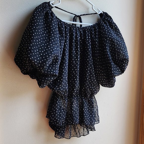 Nasty Gal Black/White Polka Dot Balloon Sleeve Open Back Blouse Size 2 - Picture 2 of 16
